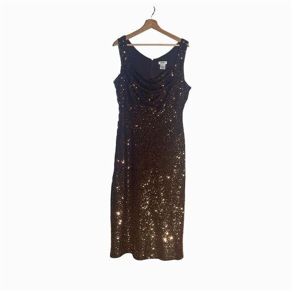DKNY Women's Sleeveless Sequin Midi Dress Brown Party Cocktail Size12 - Picture 1 of 9